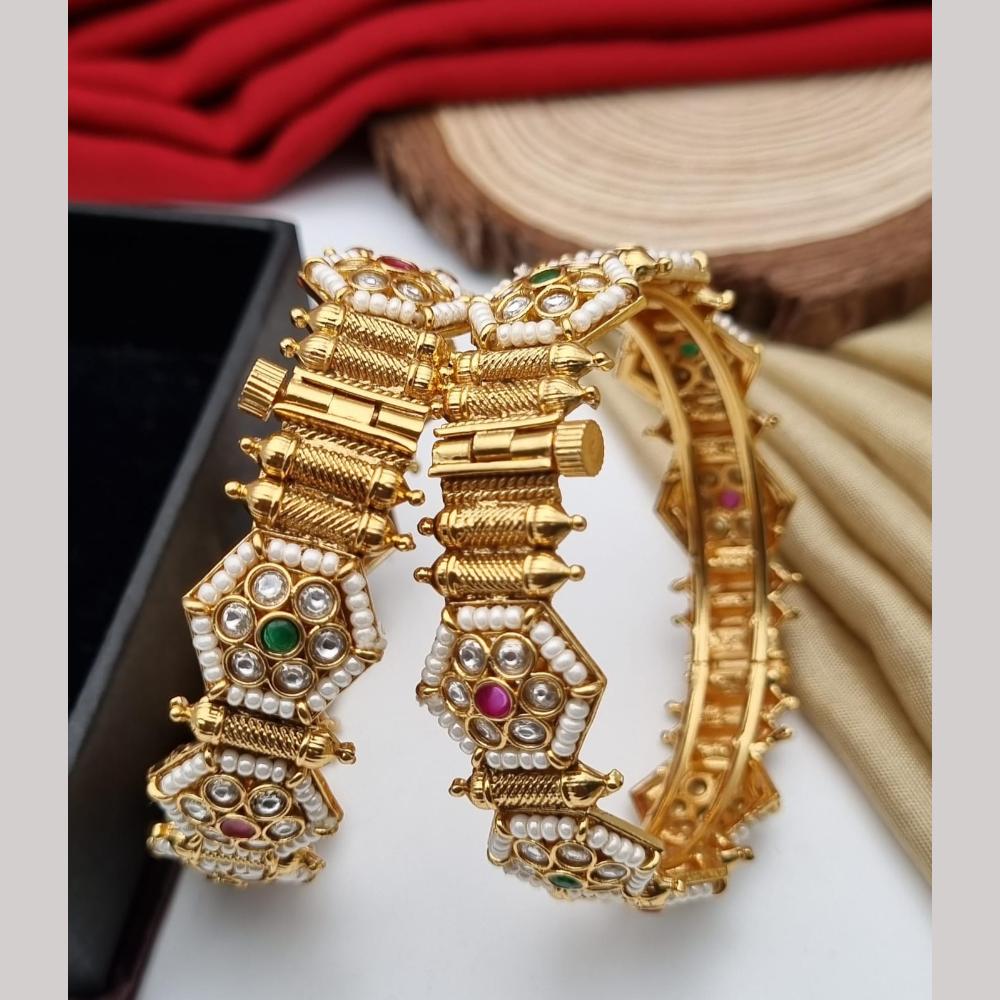 Reet Revaz Gold Plated Pota Stone And Pearl Openable Bangles Set