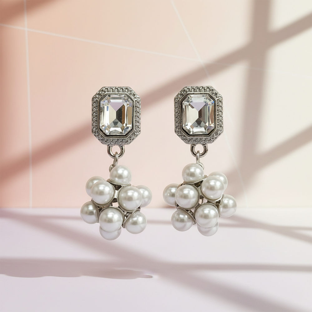 Urthn Silver Plated Crystal Stone & Pearl Classy Earrings (Pack Of 6)