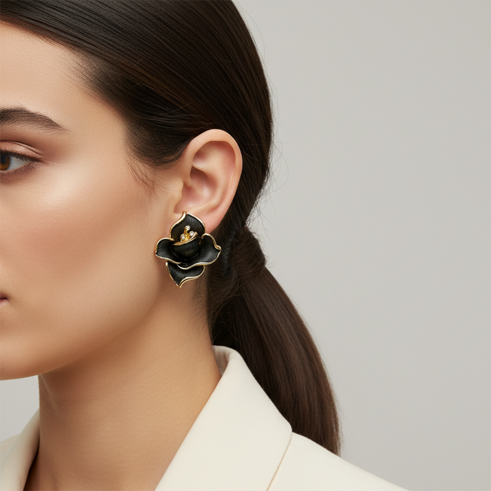 Urthn Luxe Black & Gold Abstract Gold Plated Stud Earrings(Pack of 3)
