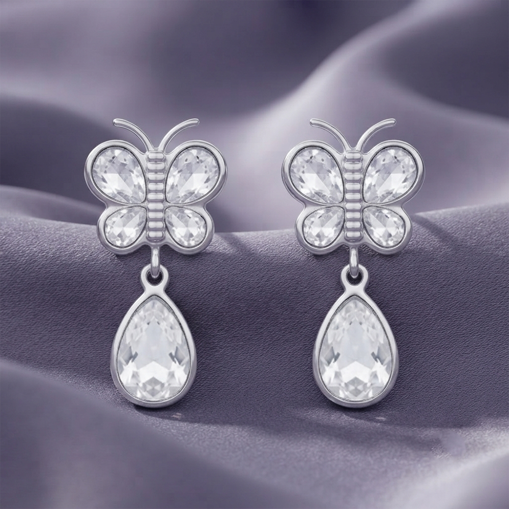 Darshana Jewels Silver Plated Crystal Butterfly Drop Earrings for Women (Set of 6)