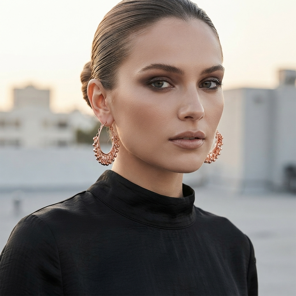 Darshana Jewels Rose Gold Plated Beaded Hoop Earrings for Women (Set of 6)