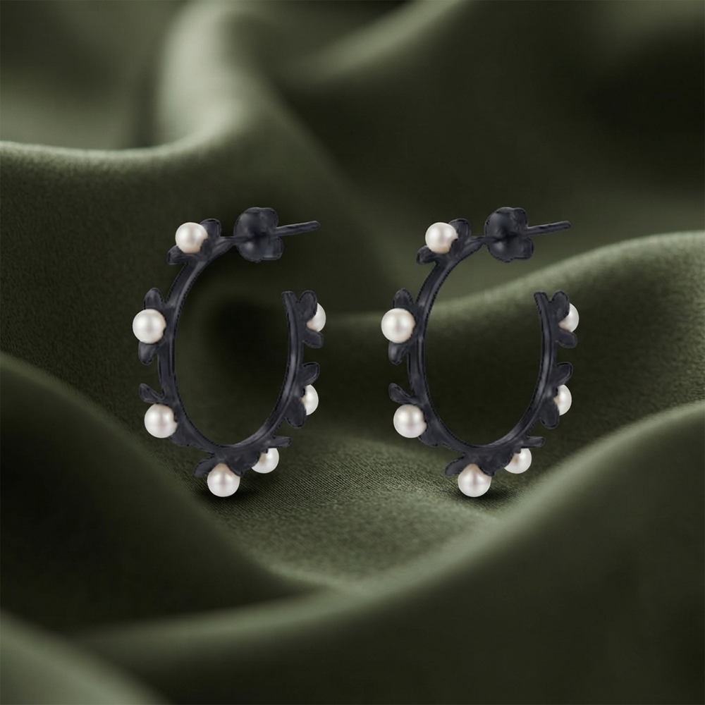 Darshana Jewels Black Floral Pearl Hoop Earrings for Women (Set of 6)