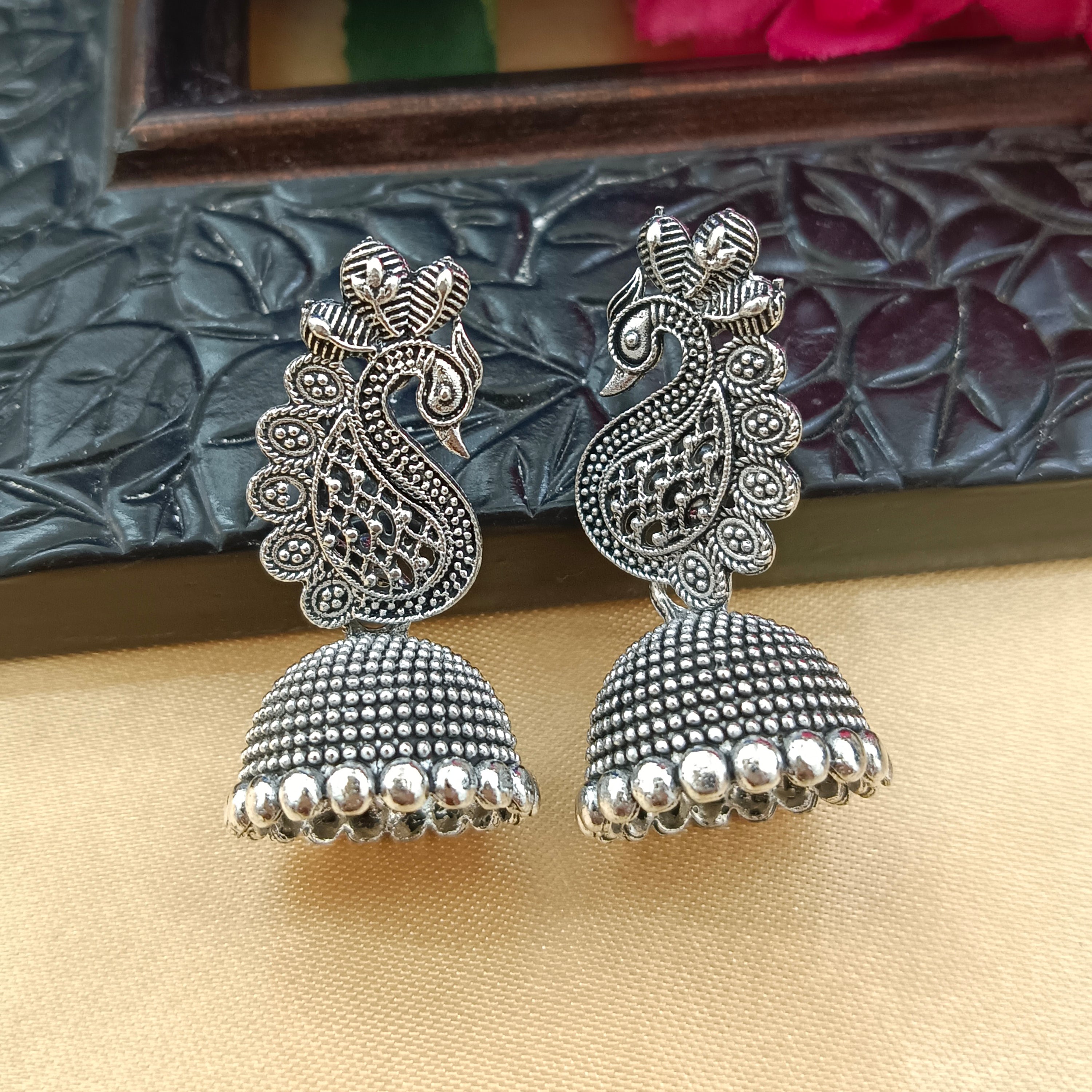 Darshana Jewels Oxidised Plated Peacock Jhumki Earrings(Pack of 6)