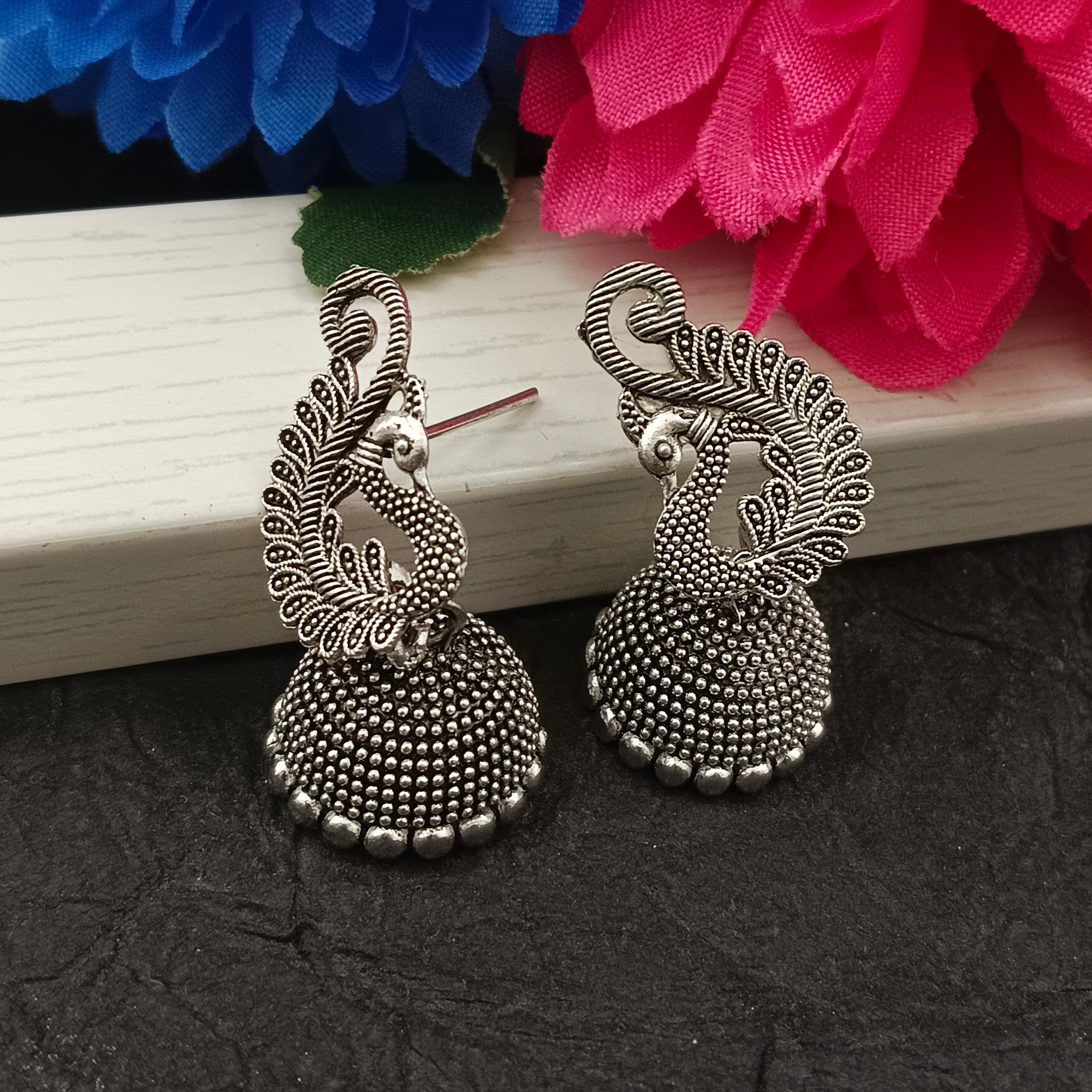 Darshana Jewels Oxidised Plated Peacock Jhumki Earrings(Pack of 6)