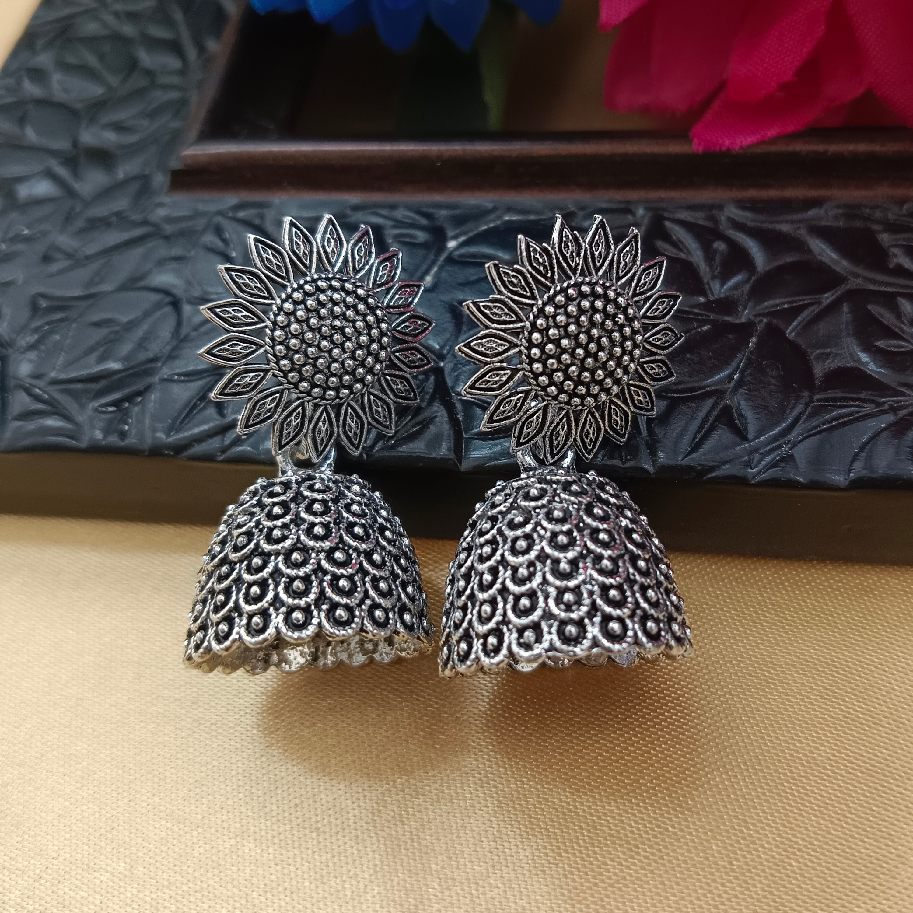 Darshana Jewels Oxidised Plated Floral Jhumki Earrings(Pack of 6)