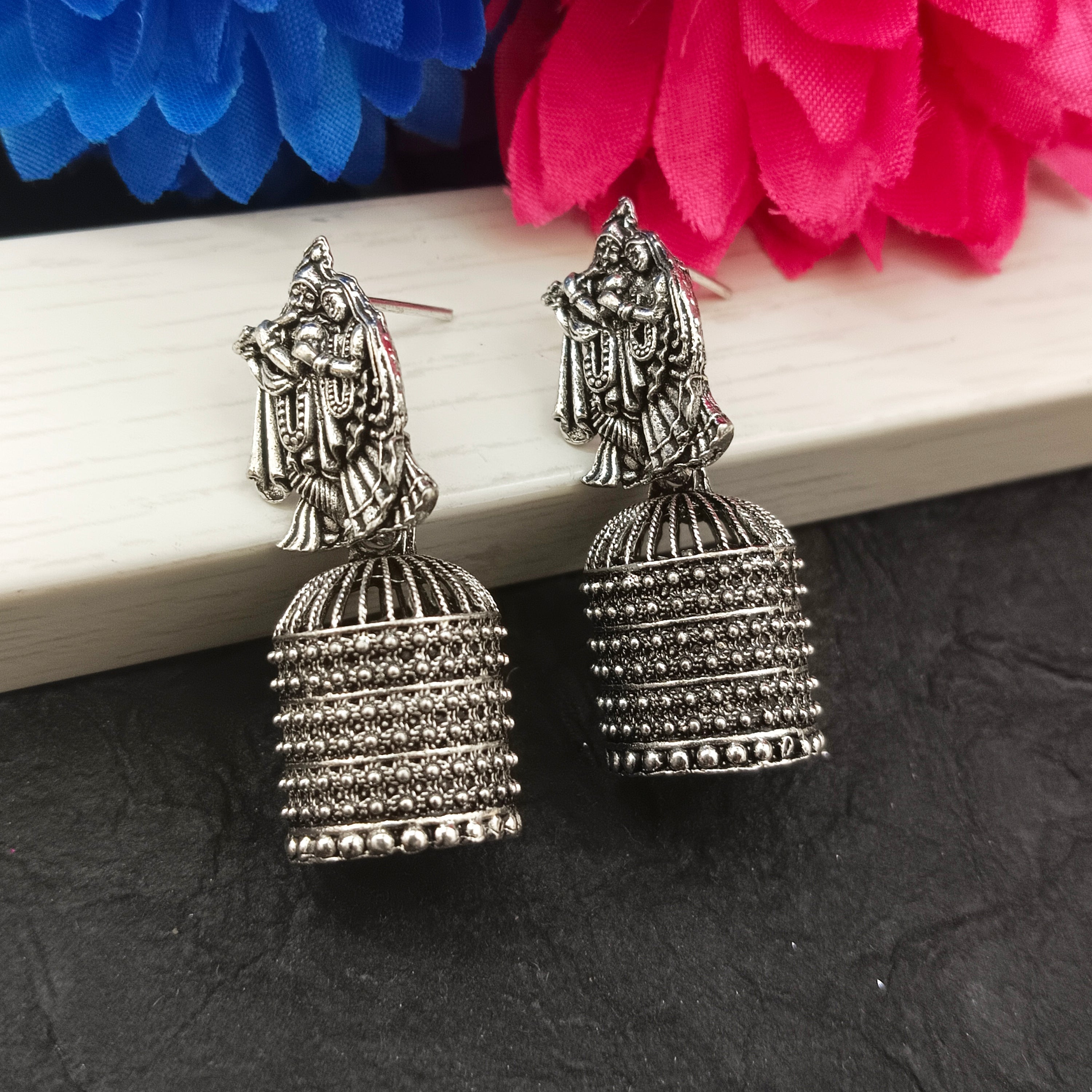 Darshana Jewels Oxidised Plated Lord Radha Krishna Jhumki Earrings(Pack of 6)