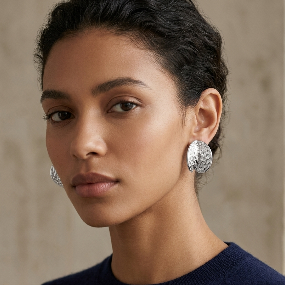 Urthn Glamorous Silver Plated Hammered Oval Stud Earrings(Pack of 6)