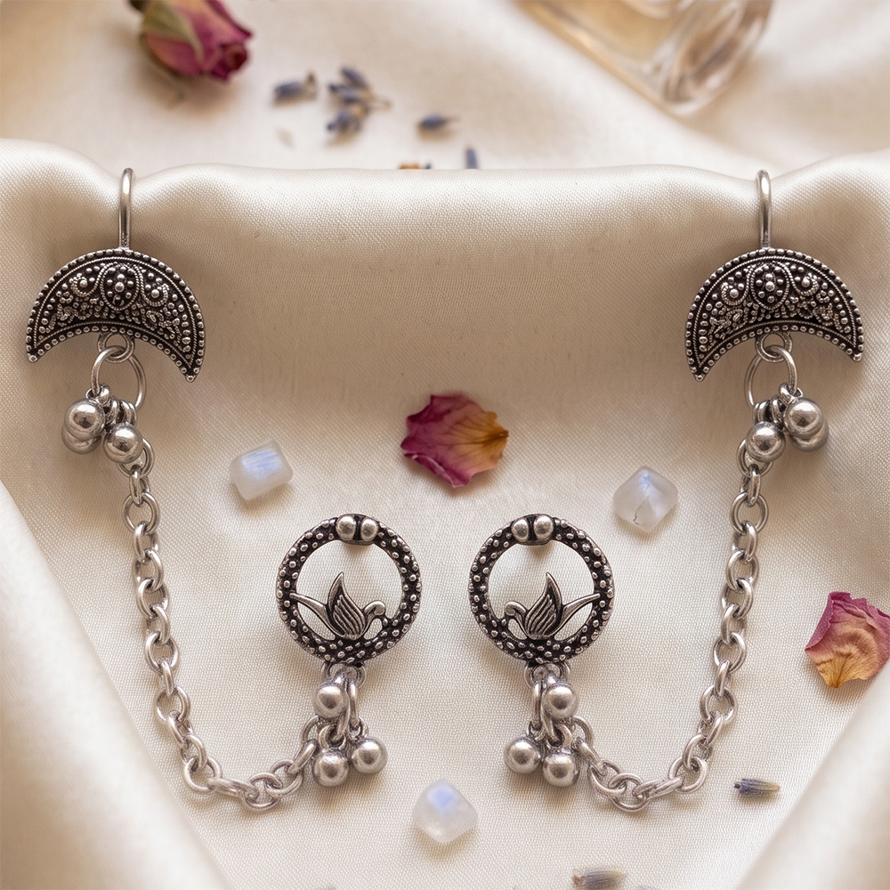 Darshana Jewels Oxidised Lotus Indo Western Chain Ear Cuff Earrings