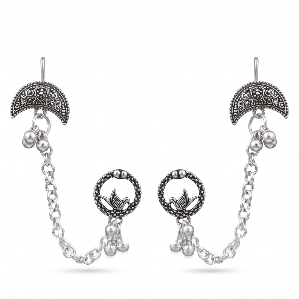 Darshana Jewels Oxidised Lotus Indo Western Chain Ear Cuff Earrings (Pack of 6)