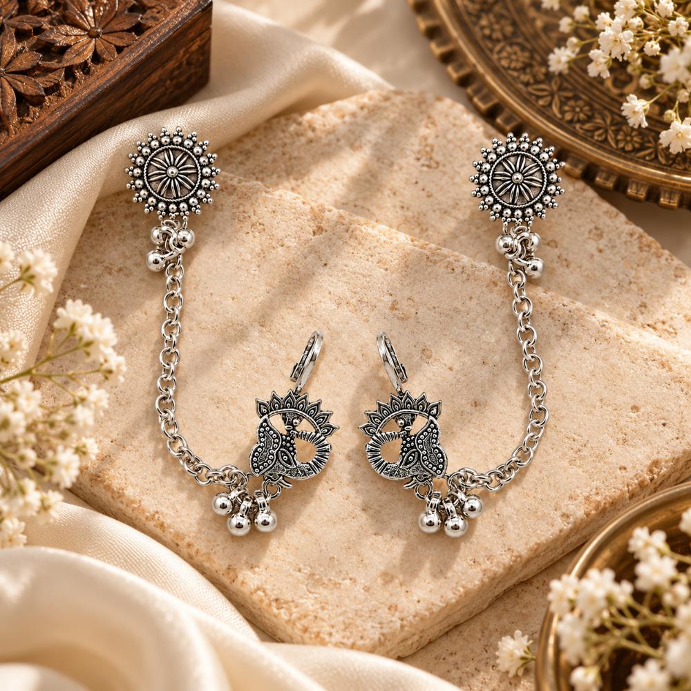 Urthn Stylish Oxidised Ear Cuffs with Peacock Motif for Women Traditional Fashion Jewellery