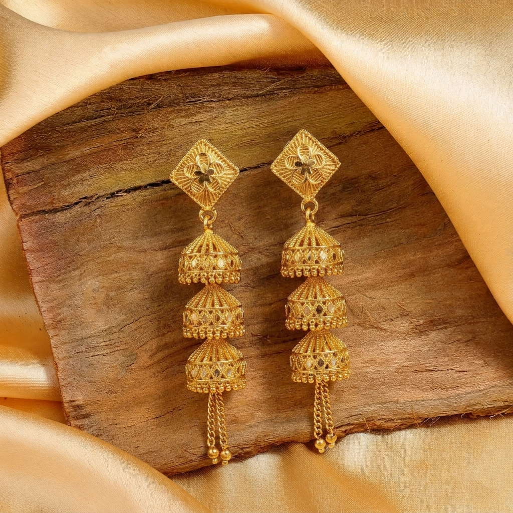 Darshana Jewels Elegant Gold Plated Floral Three Layer Jhumka Drop Earrings(Pack Of 3)