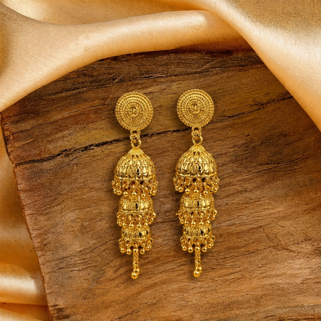 Darshana Jewels Elegant Gold Plated Floral Three Layer Jhumka Drop Earrings(Pack Of 3)