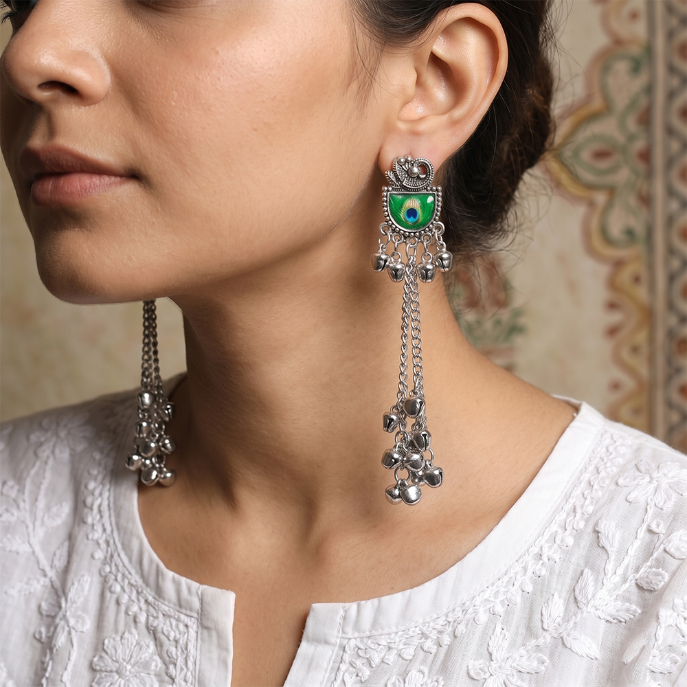 Urthn Vintage Oxidised Peacock Inspired Kashmiri Dangler Earrings(Pack of 6)