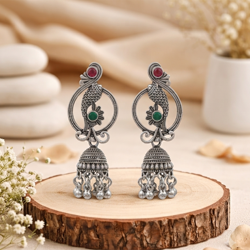 Urthn Oxidised Silver Plated Traditional Fish Motif Jhumki Earrings for Women