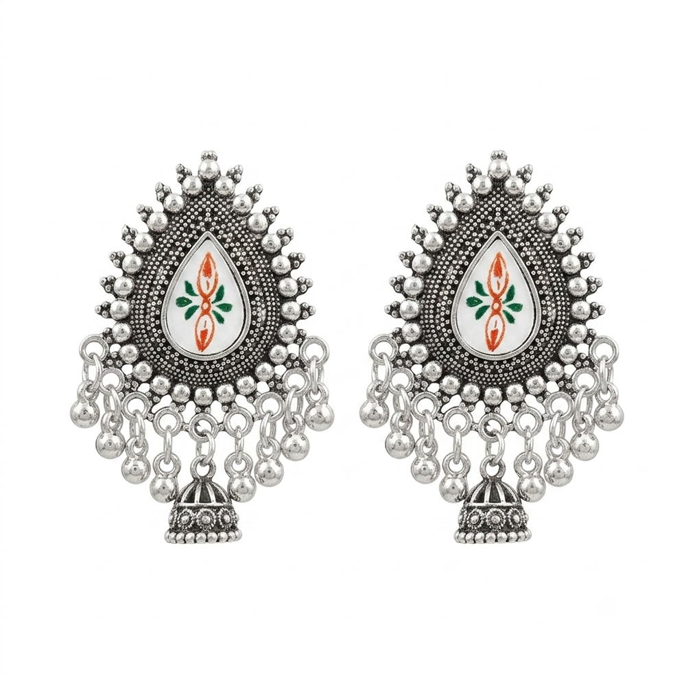 Urthn Oxidised Silver Plated Traditional Jhumki Earrings for Women(Pack Of 6)