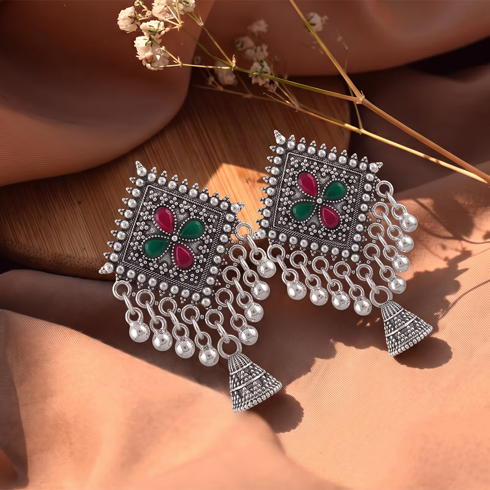 Urthn Oxidised Silver Plated Traditional Jhumki Earrings for Women
