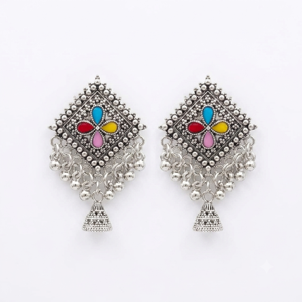 Urthn Oxidised Silver Plated Traditional Jhumki Earrings for Women(Pack Of 6)