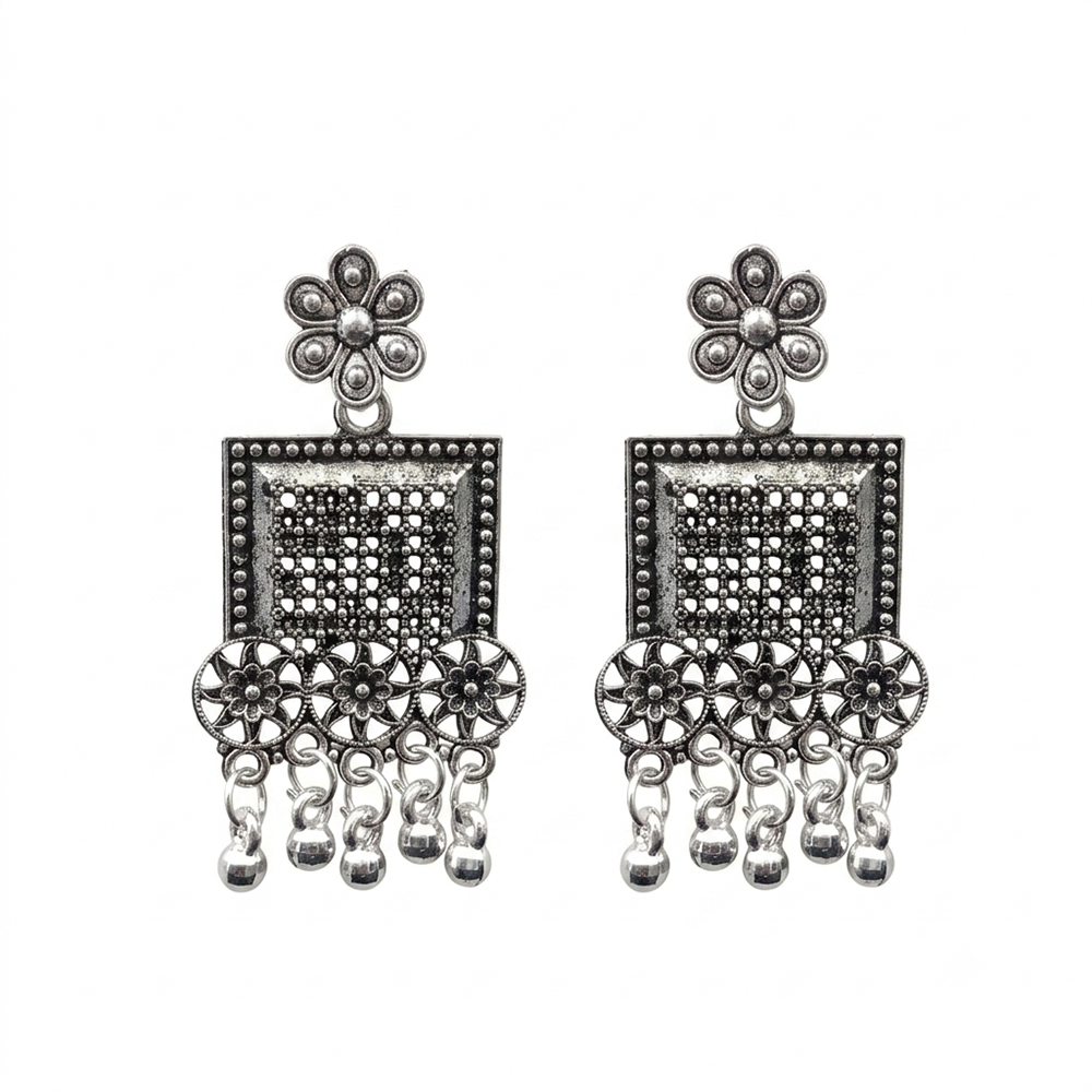 Urthn Oxidised Silver Plated Traditional Jhumki Earrings for Women(Pack Of 6)