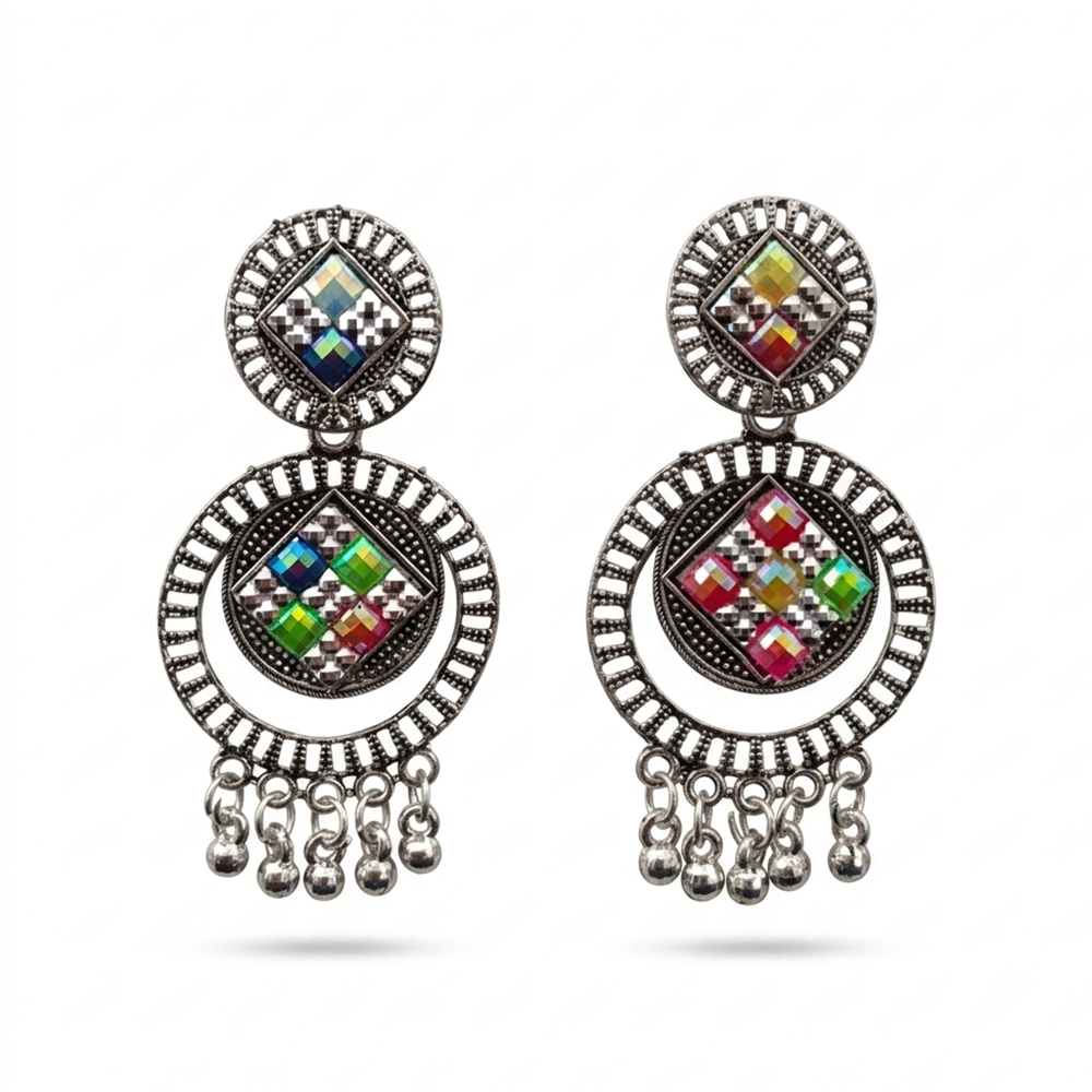 Urthn Oxidised Silver Plated Traditional Jhumki Earrings for Women(Pack Of 6)
