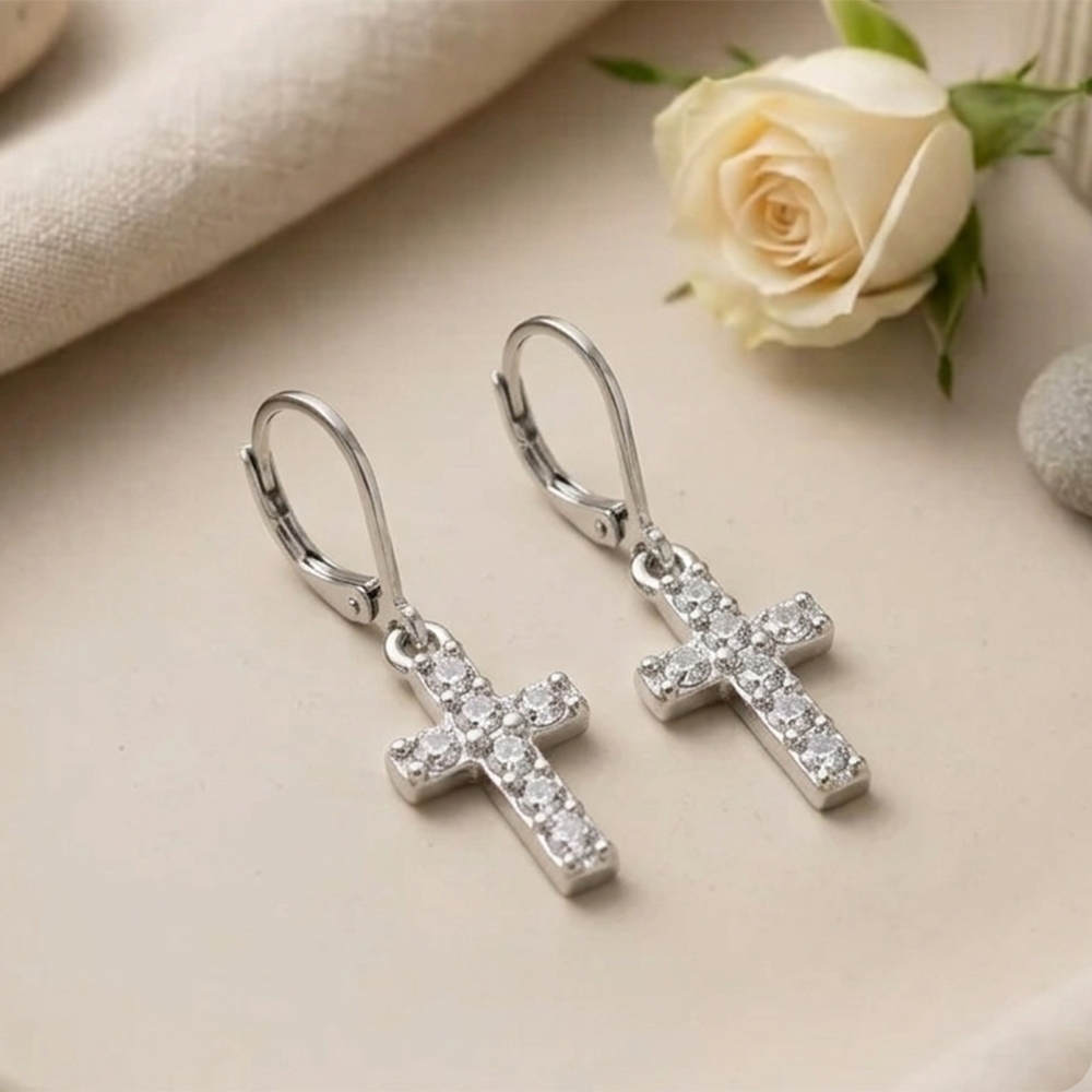 Urthn Silver Plated Austrian Stone Cross Shape Hoop Earrings for Women