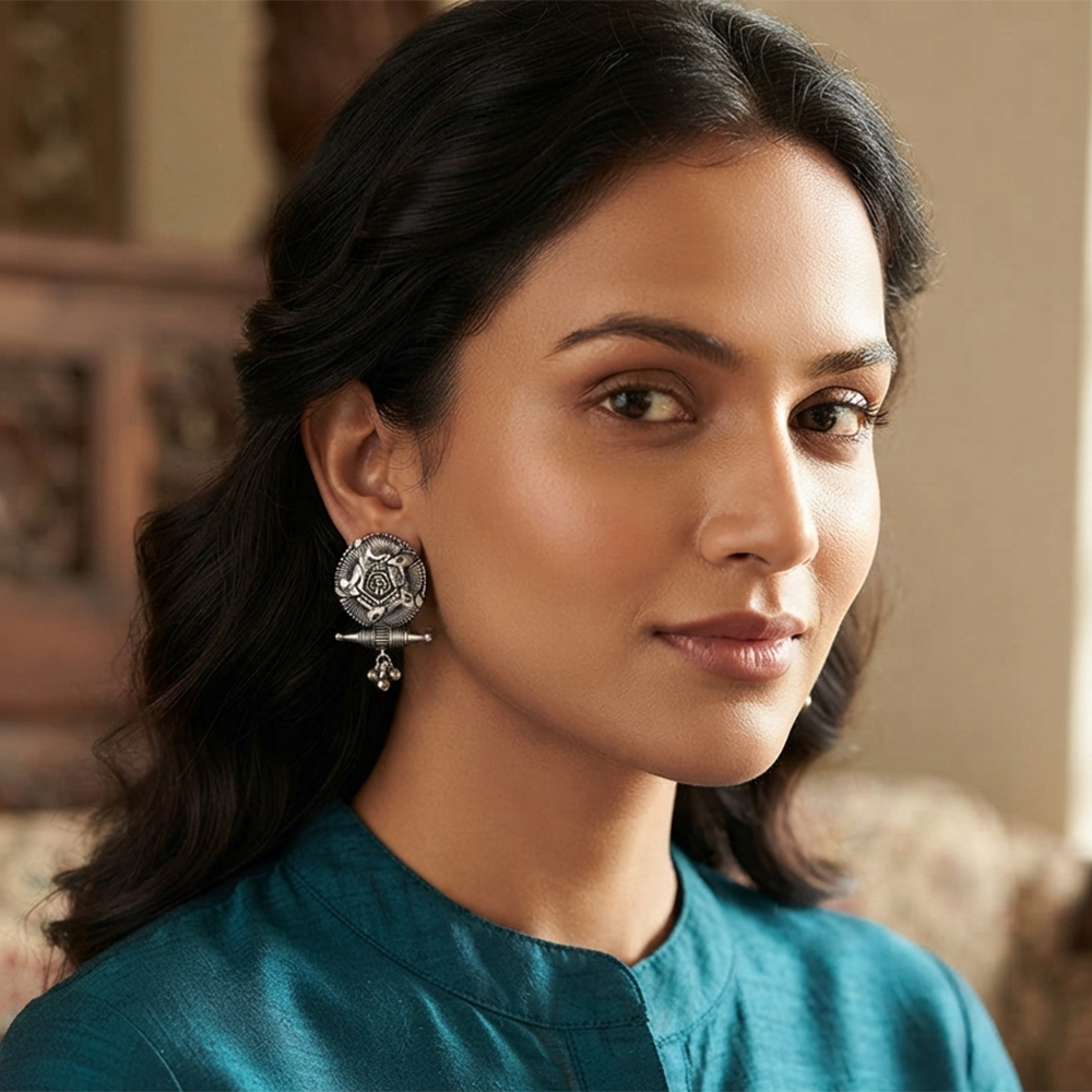Urthn Oxidised Silver Tribal Disc Stud Earrings for Women (Pack of 6 )