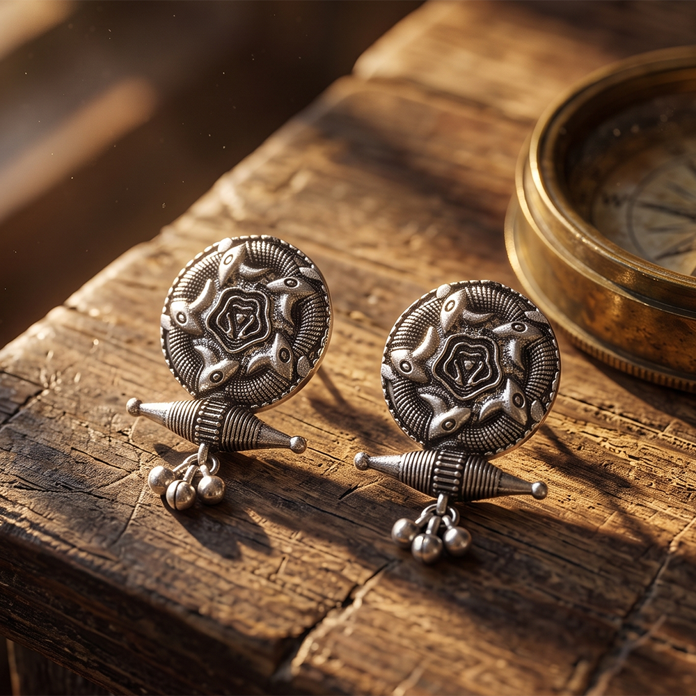 Urthn Oxidised Silver Tribal Disc Stud Earrings for Women