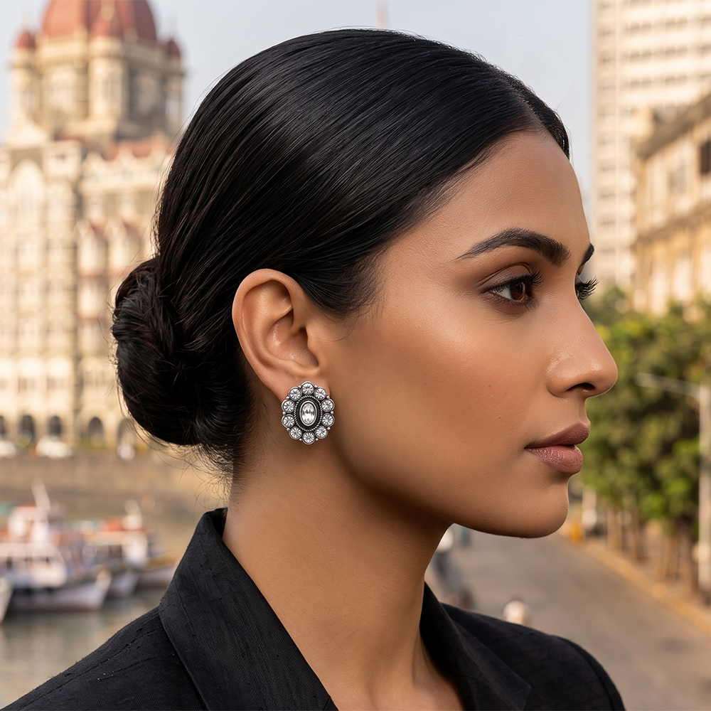 Urthn Silver Plated Austrian Stone Stud Earrings (Pack of 6 )