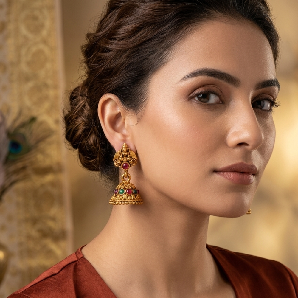 Urthn Antique Gold Plated Temple Jhumki Earrings(Pack of 6 )