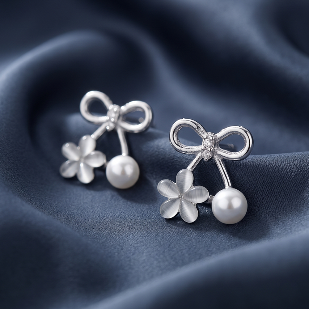 Urthn Korean Style Silver Plated Flower & Pearl Stud Earrings