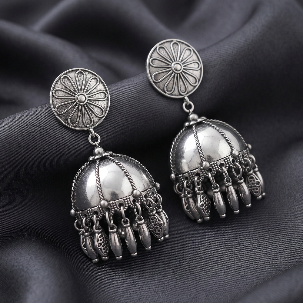Urthn These oxidised silver jhumka earrings feature a floral stud for Women(Pack of 3)
