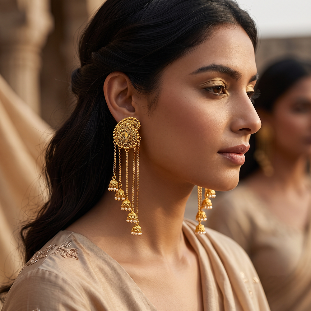Urthn Traditional Gold Plated Austrian Stone Pearl Kashmiri Jhumki Earrings for Women(Pack of 3)
