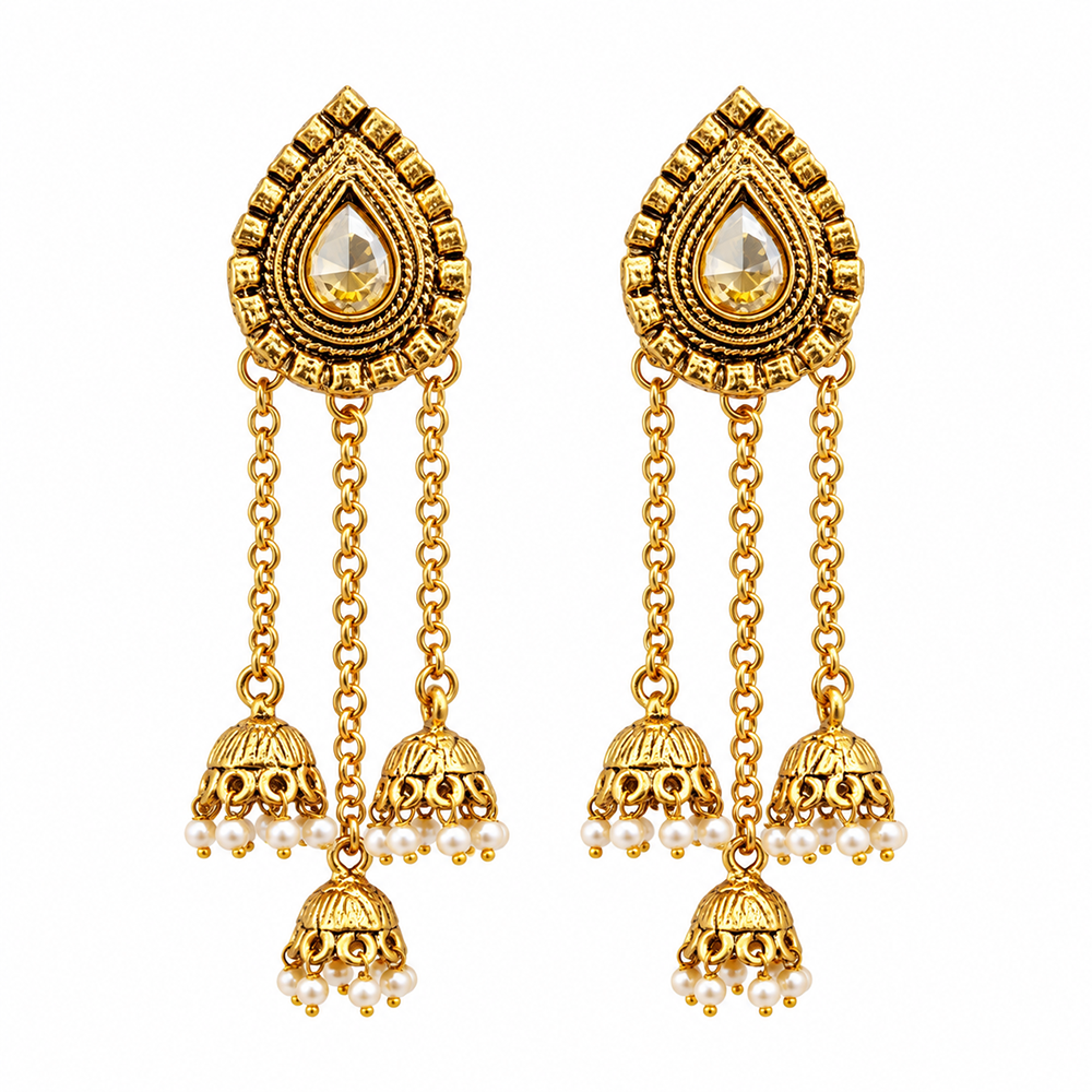 Urthn Designer Gold Plated Austrian Stone Kashmiri Jhumki Earrings for Women(Pack of 3)