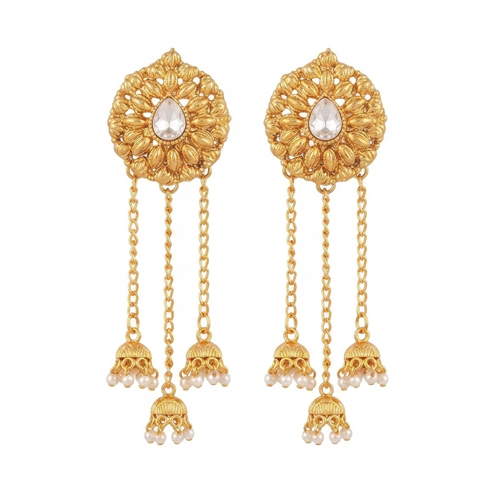 Urthn Traditional Gold Plated Pearl Chain Kashmiri Jhumki Earrings for Women(Pack of 3)