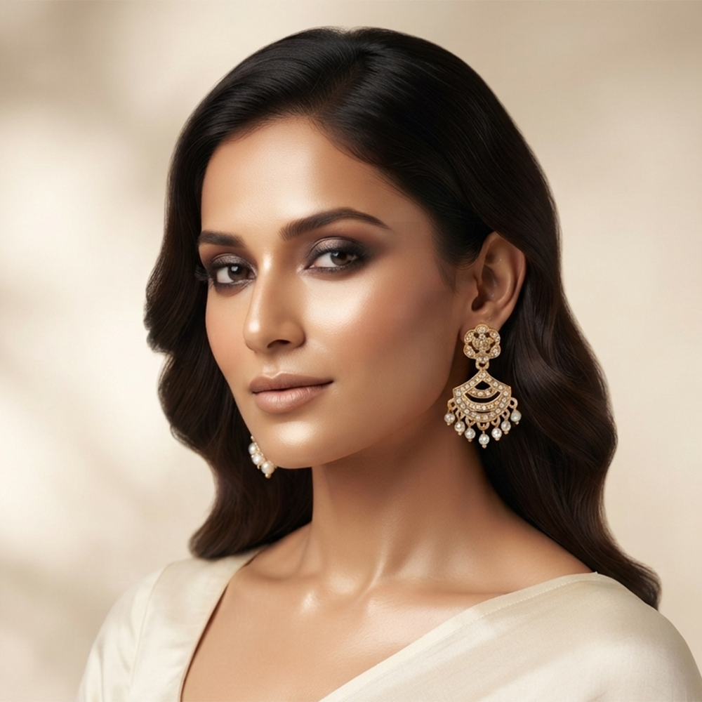 Urthn Designer Stone & Pearl Chandelier Earrings for Women(Pack of 3)