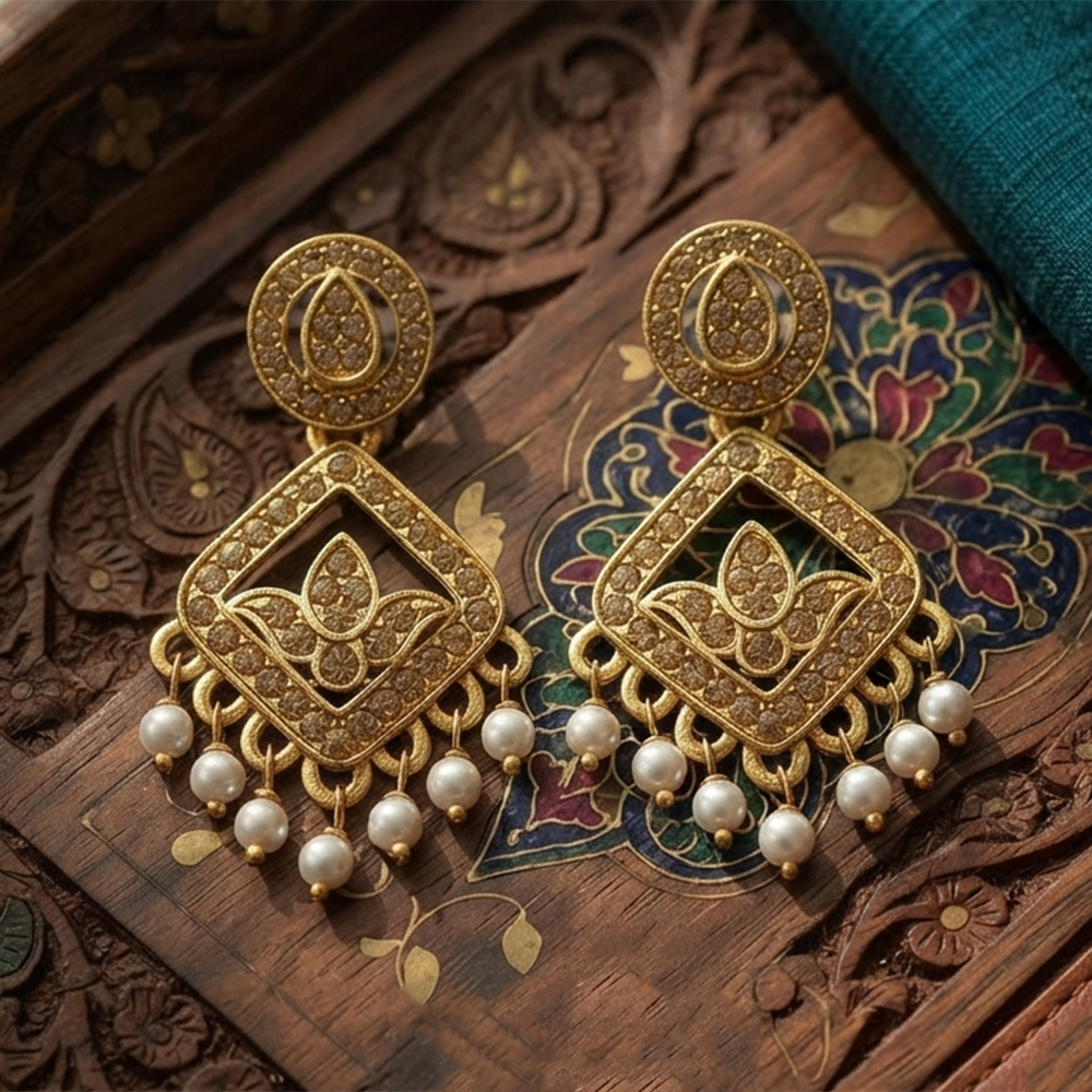 Urthn Designer Stone & Pearl Chandelier Earrings for Women