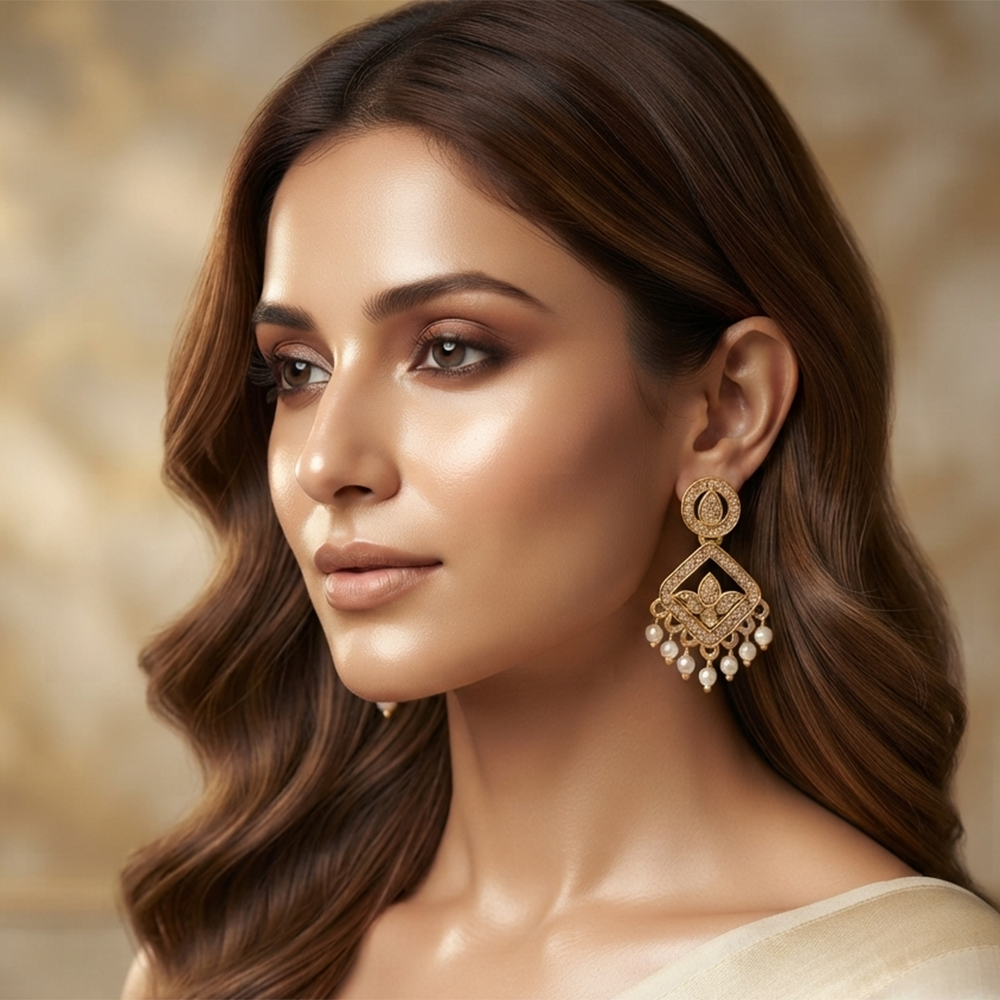 Urthn Designer Stone & Pearl Chandelier Earrings for Women(Pack of 3)
