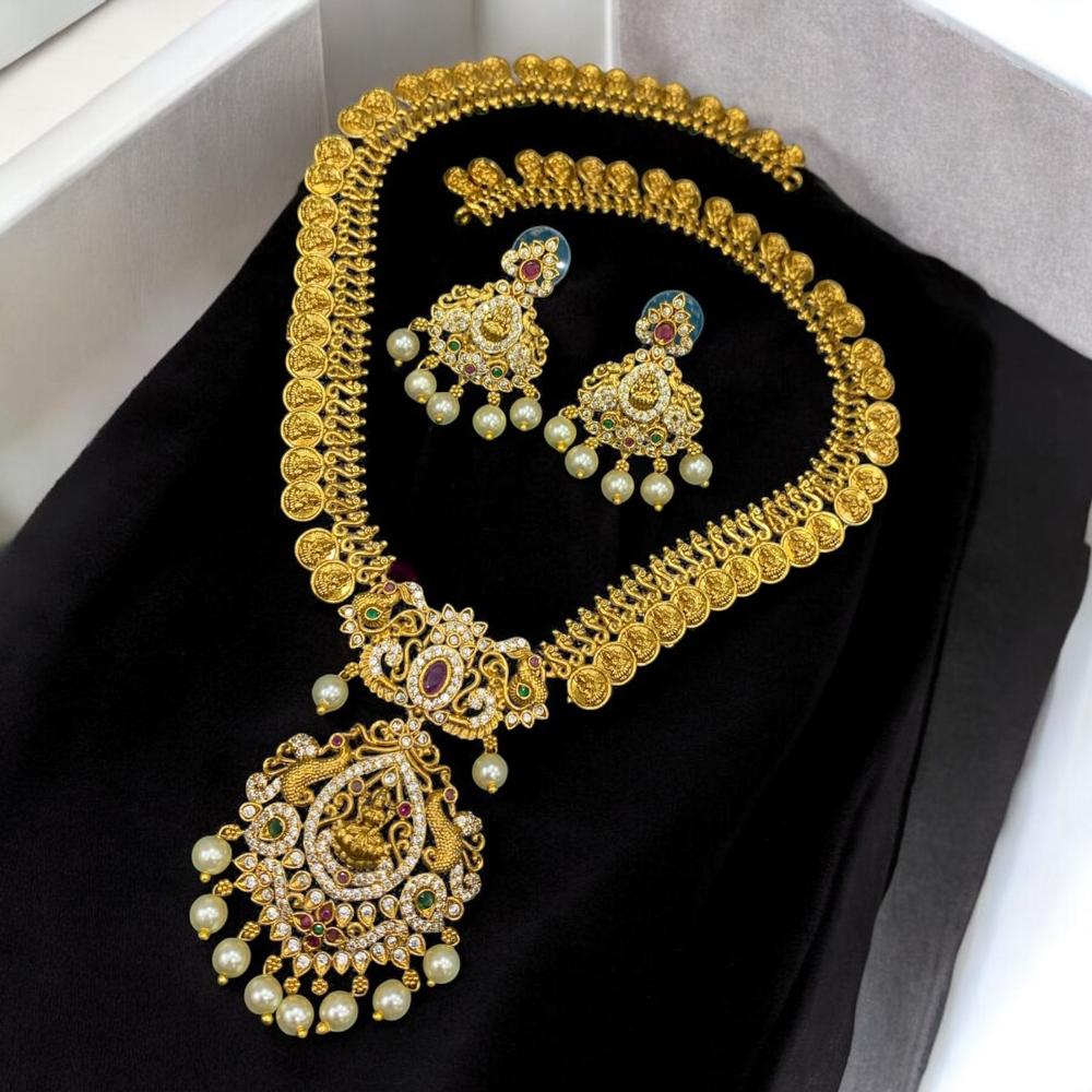 Sona Covering Elegant Pota Stone And Austrian Stone Pearl Temple Necklace Set
