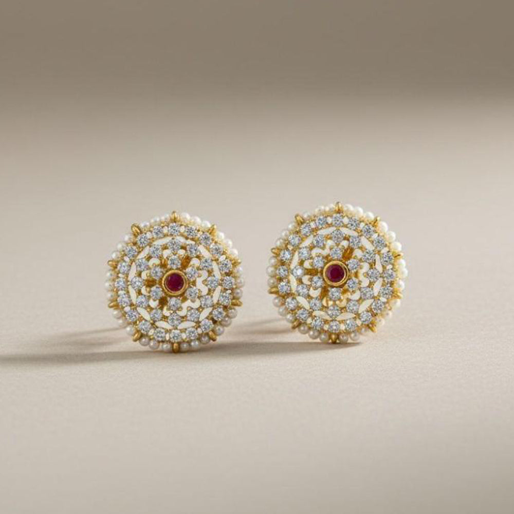 Sona Covering Graceful Austrian Stone And Pota Stone Pearl Studs Earrings