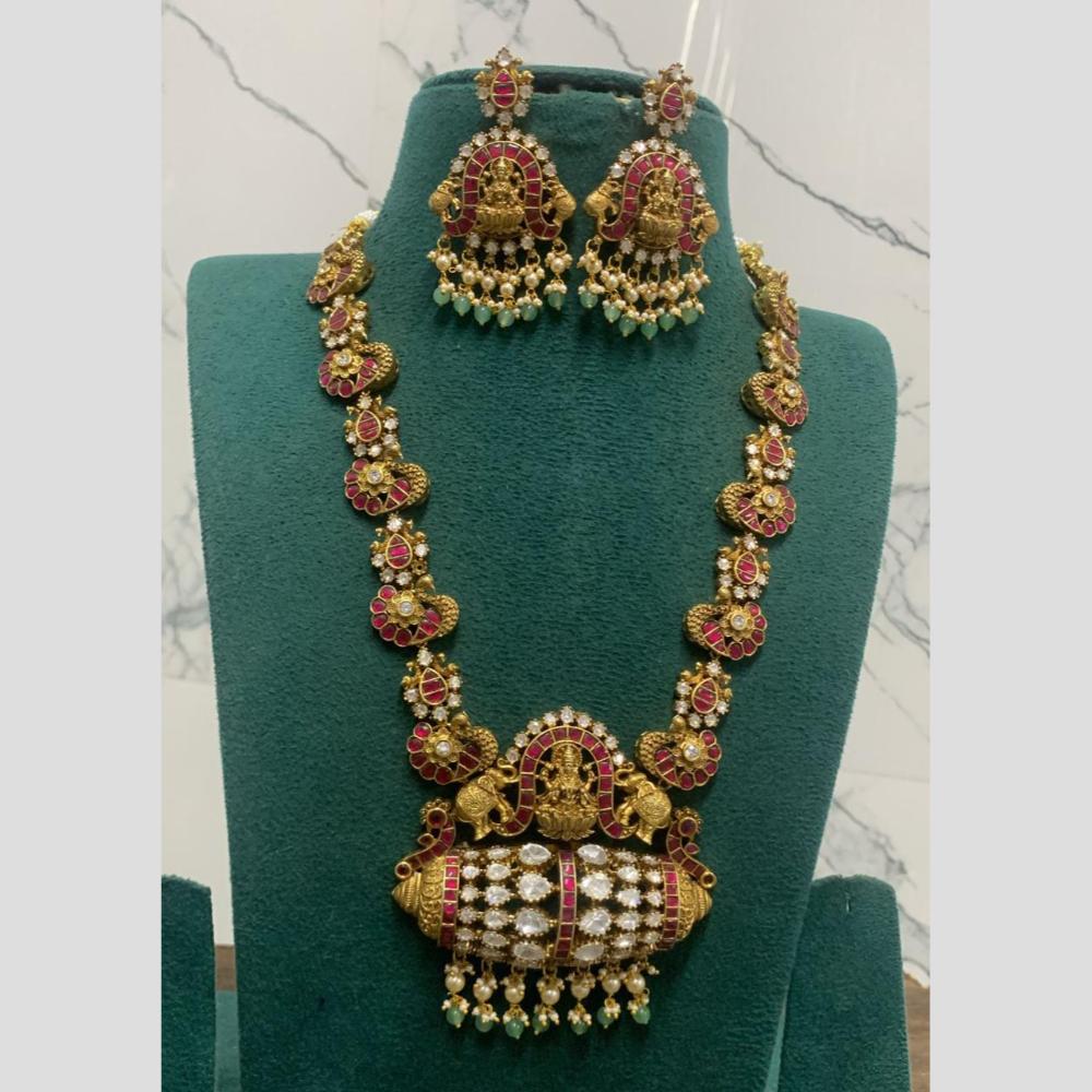Sona Covering Jadau Gold Plated Pota Stone Pearl And Beads Temple Long Necklace Set