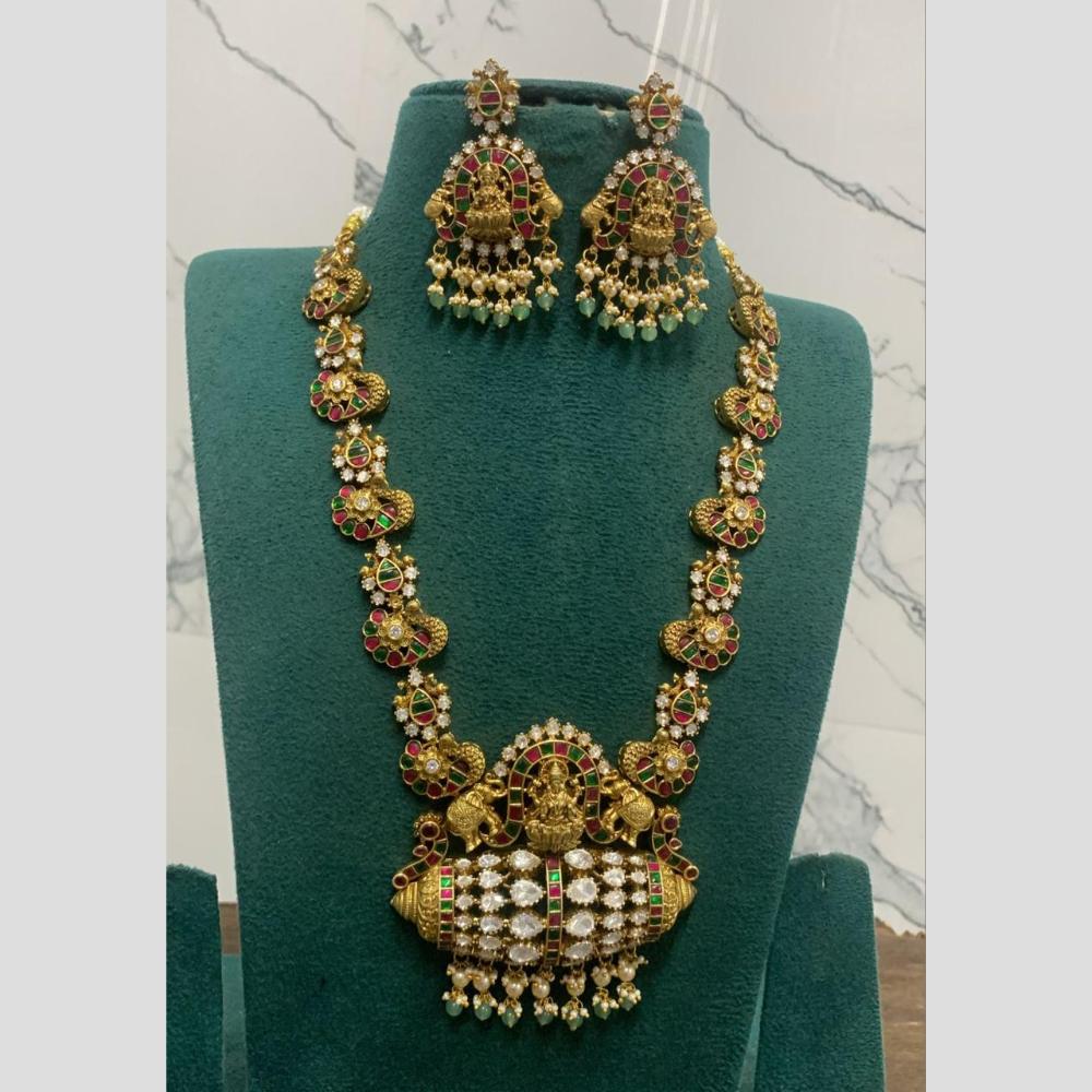 Sona Covering Jadau Gold Plated Pota Stone Pearl And Beads Temple Long Necklace Set