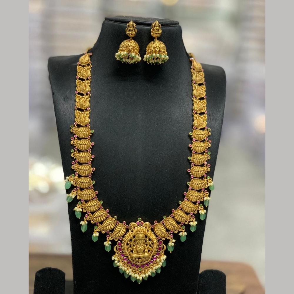 Sona Covering Gold Plated Jadau Pota Stone And Pearl Temple Long Necklace Set