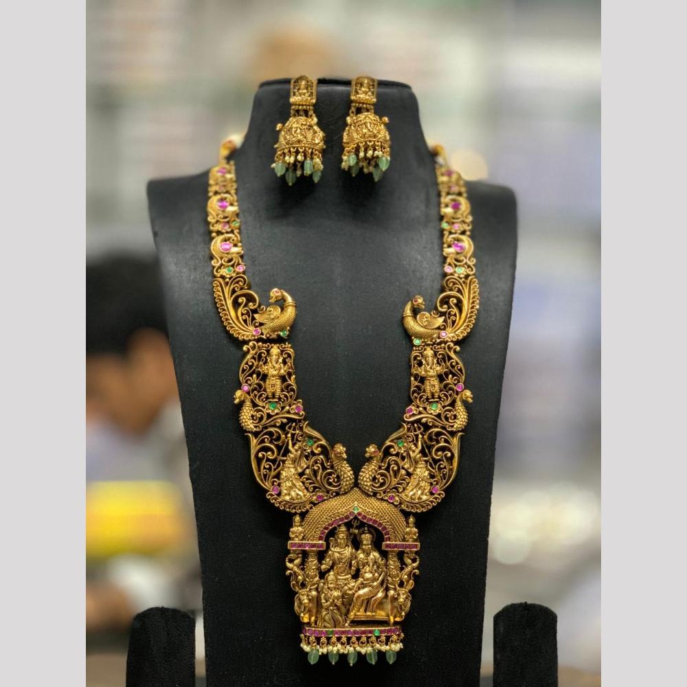 Sona Covering Elegant Pota Stone And Pearl Temple Long Necklace Set