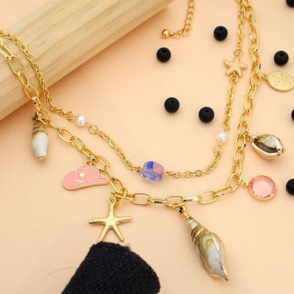 Klitz Designer Stainless Steel Beach Inspired Shell And Starfish Charm Necklace(Pack of 12)