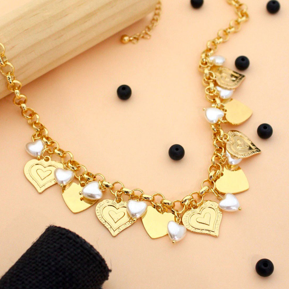 Klitz Designer Stainless Steel Heart Charm Necklace With Pearl Accents(Pack of 12)