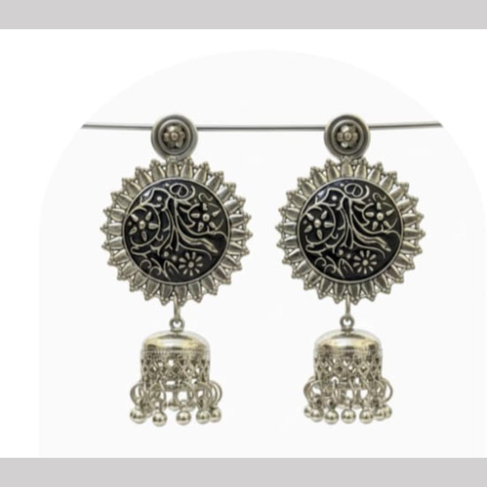 Dhirish International Heritage Oxidised Plated Meenakari Pearl Jhumki Earrings