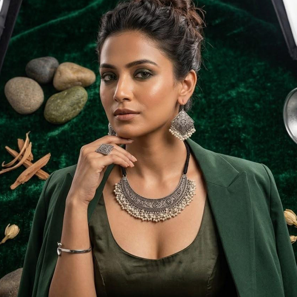Dhirish International Trendy Oxidised Plated Pearl Ethnic Wear Necklace Set