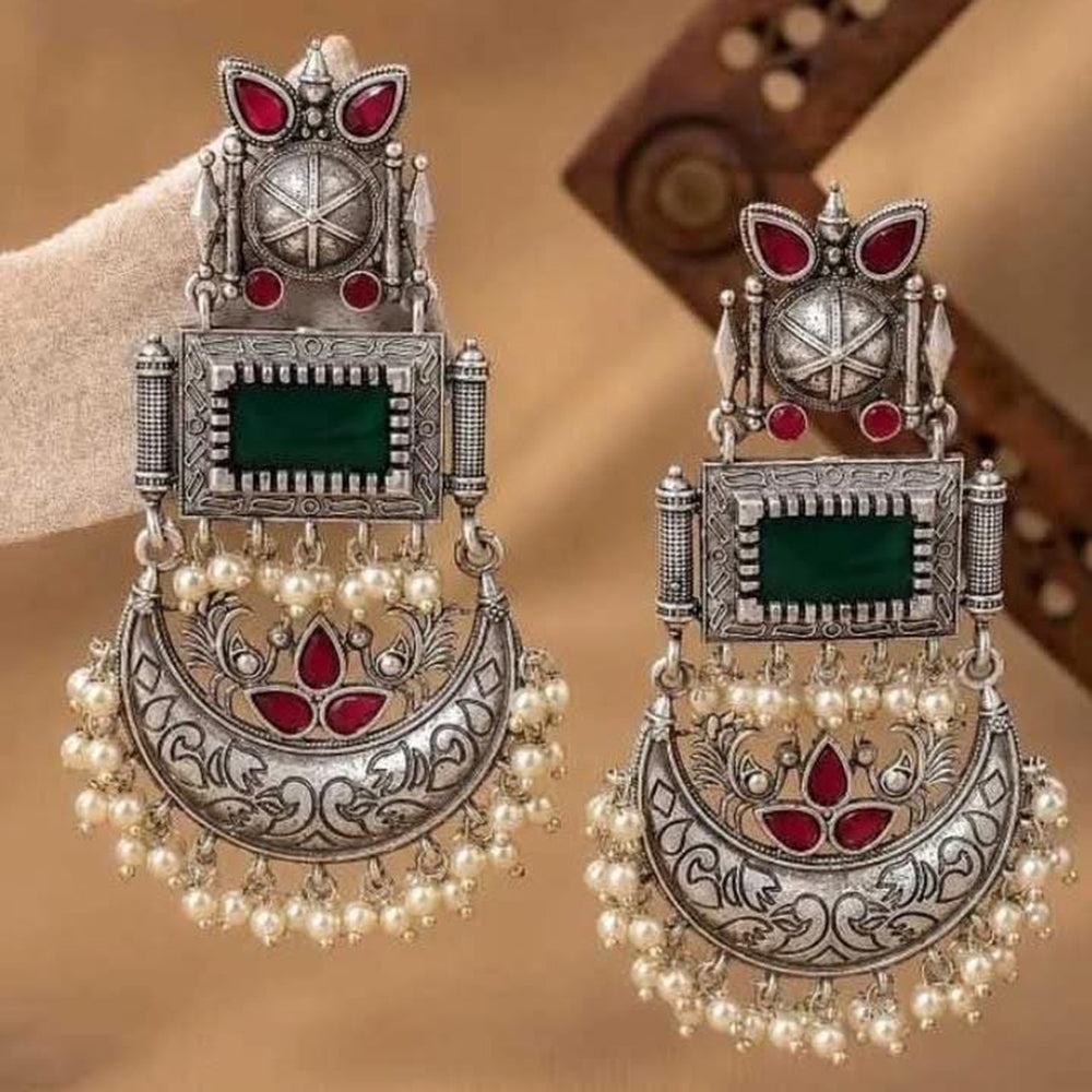 Dhirish International Stylish Oxidised Plated Pota Stone And Pearl Dangler Earrngs