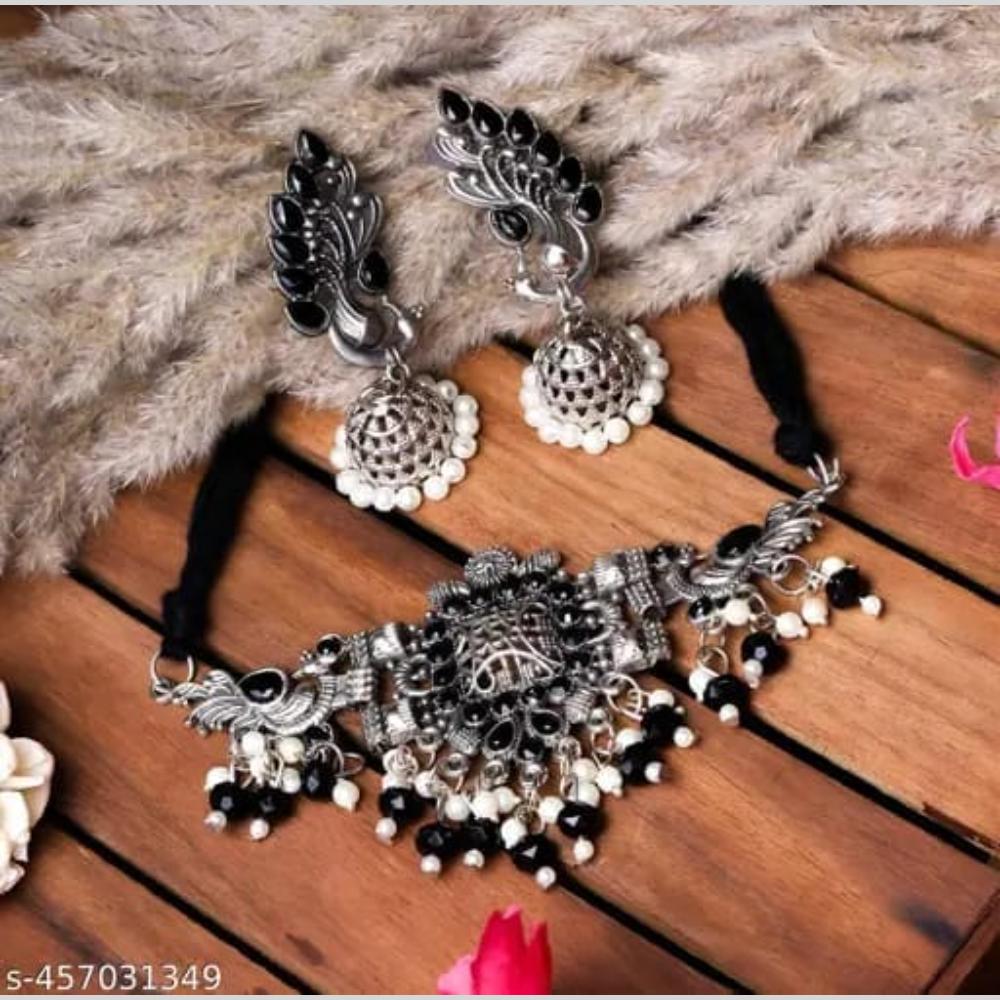 Dhirish International Elegant Oxidised Pota Stone Designer Choker Necklace Set