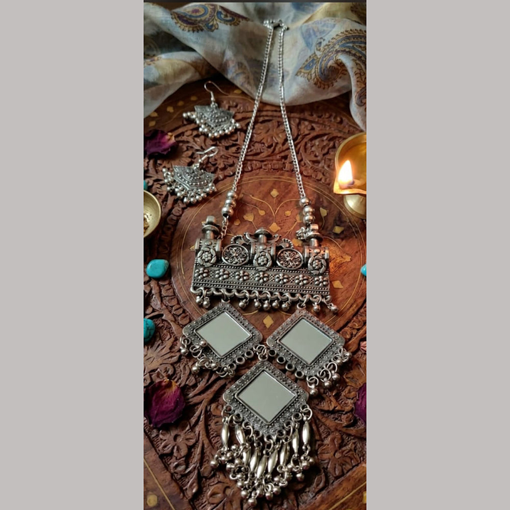 Dhirish International Statement Oxidised Plated Mirror Long Necklace Set