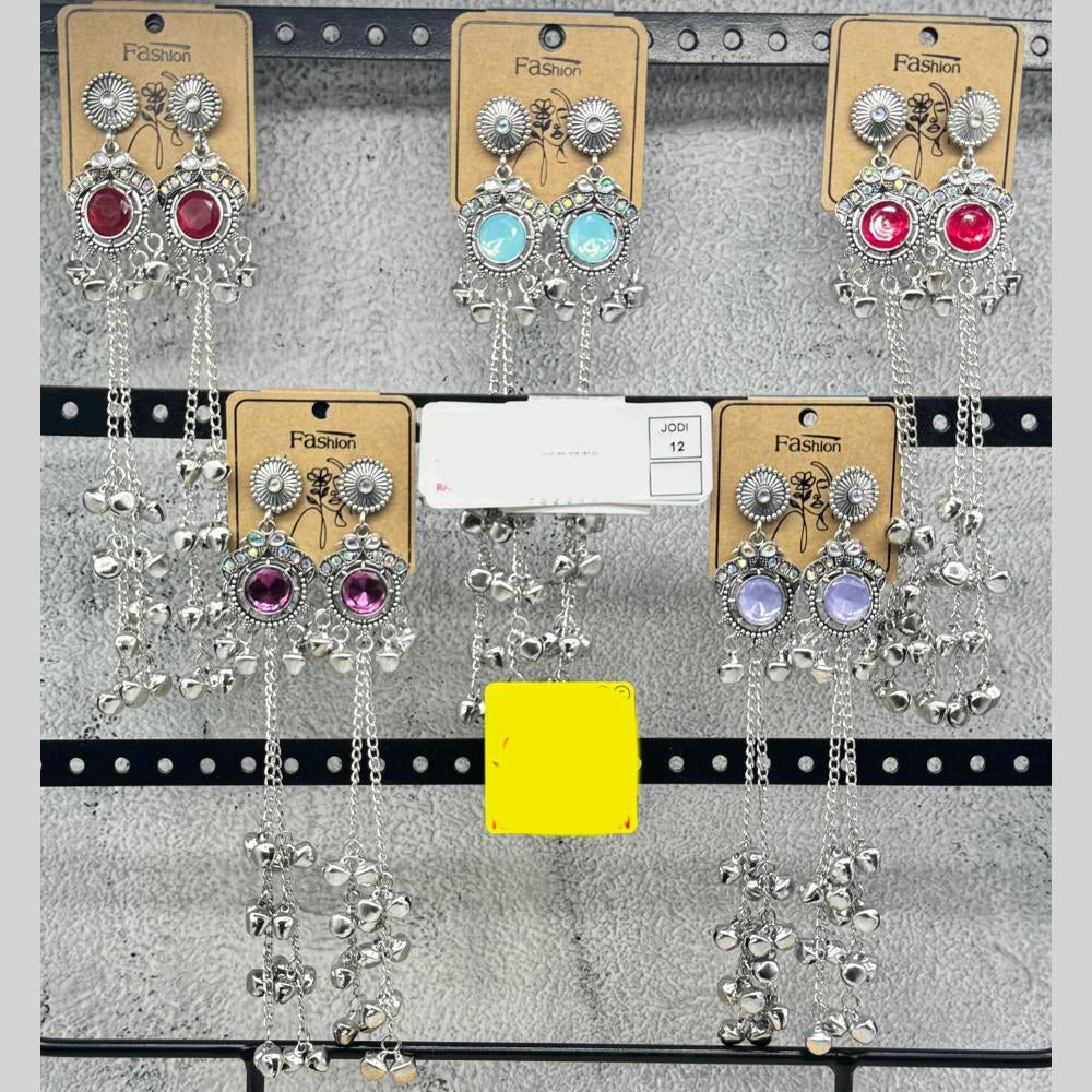 Raj Imitation Oxidised Plated Pota Stone And Ghungroo Kashmiri Dangler Earrings for Women (Pack of 12)